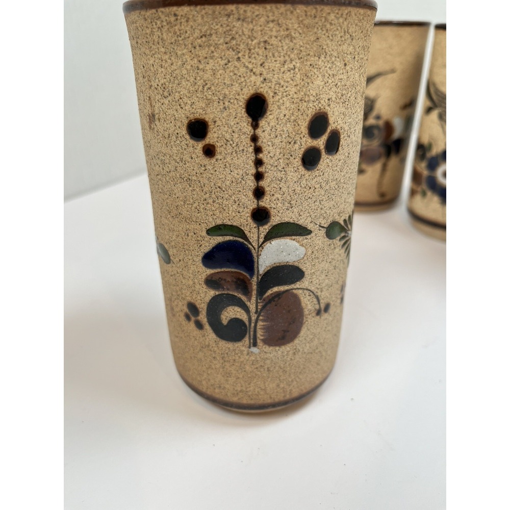 Tonala Pottery Cups Painted Blue Flowers Bird Stone Ware Lot Of 5 Netzi Mexico - Picture 5 of 16